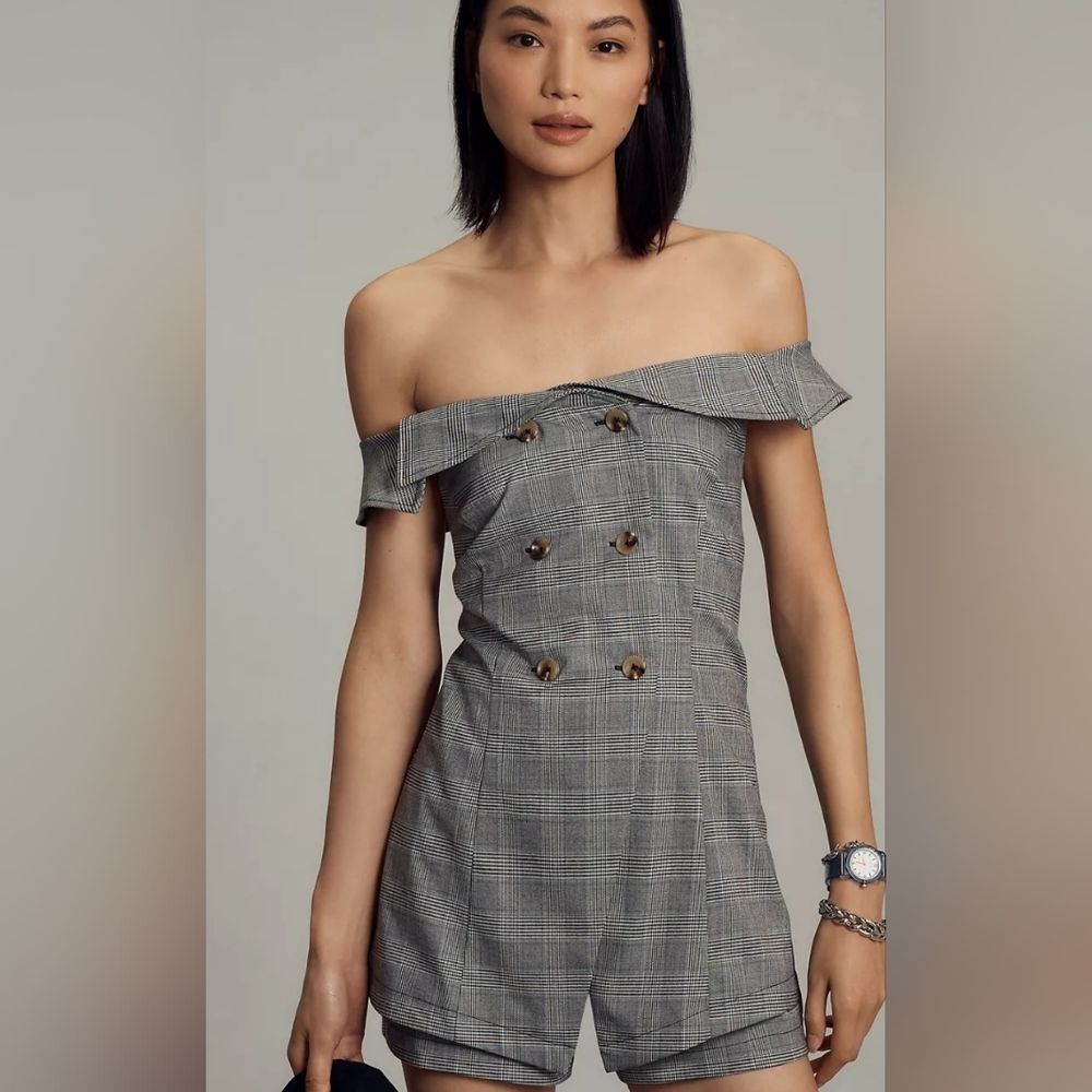 Anthropologie Maeve Off-The-Shoulder Button-Front Menswear Romper - Picture 3 of 5